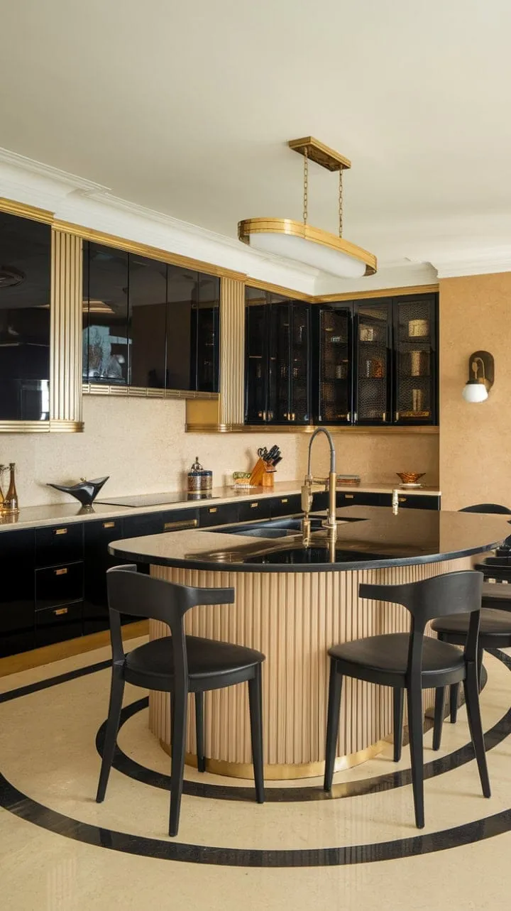 This Art Deco kitchen harmoniously blends geometric lines and luxurious materials, showcasing a symphony of style where culinary artistry meets timeless elegance.