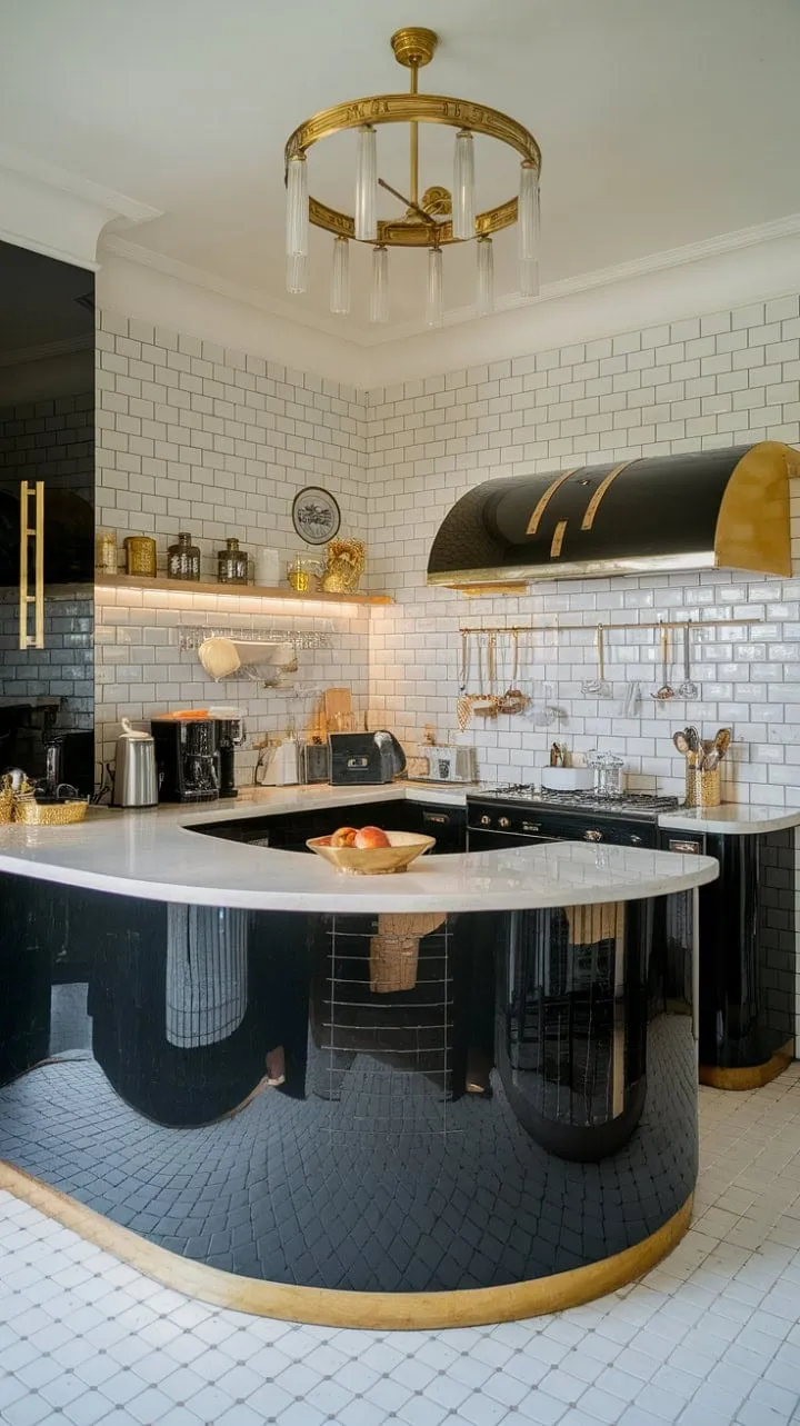 This Art Deco kitchen seamlessly blends striking black and white aesthetics with luxurious gold accents, creating a refined space that invites both culinary creativity and social gatherings.
