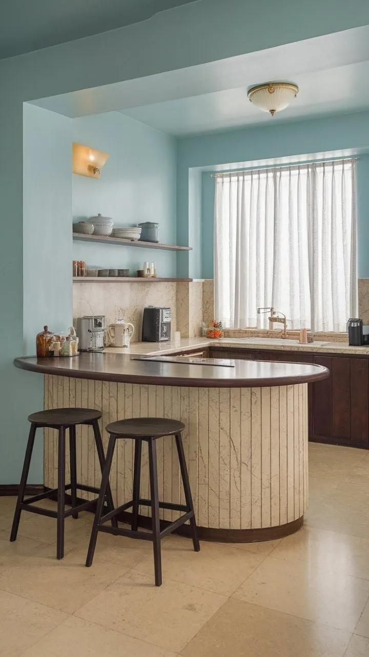 This Art Deco kitchen features a stunning curved island of dark wood and beige marble, set against light blue walls and a beige tile floor, creating a sophisticated and warm atmosphere that celebrates culinary artistry.