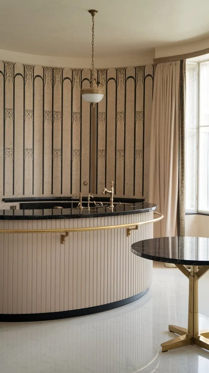 This Art Deco kitchen captivates with its sleek curves, opulent brass accents, and striking black marble island, seamlessly merging functionality with timeless artistry.