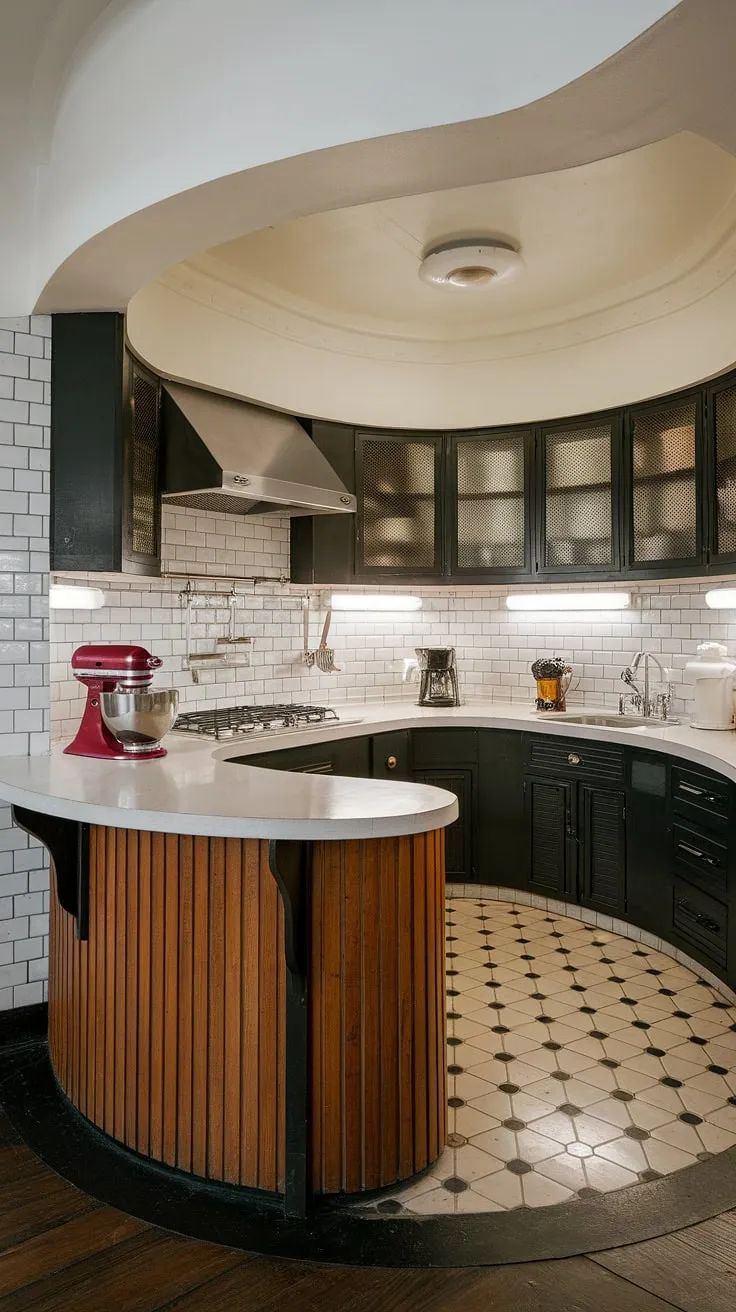 Step back in time with this Art Deco dream kitchen. The curved island, sleek cabinetry, and gleaming stainless steel sink create a space that's both stylish and functional. A vintage mixer sits ready for culinary adventures, perfectly complementing the black and white tiled floor and bright, airy atmosphere. A truly timeless design.