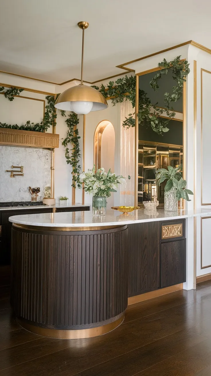 A symphony of dark wood, gleaming marble, and gilded accents defines this breathtaking Art Deco kitchen. The curved island, a focal point of both beauty and practicality, is illuminated by a stunning gold pendant lamp. A space where luxury and functionality are perfectly balanced.