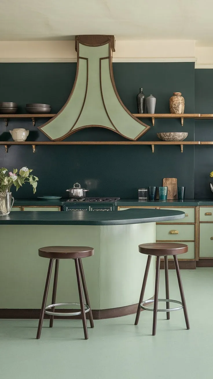 A captivating blend of form and function, this Art Deco kitchen showcases the era's signature curves in the island and range hood. The contrasting shades of green create a visually stunning backdrop, while the thoughtful details speak to a level of craftsmanship rarely seen. A true masterpiece of design.