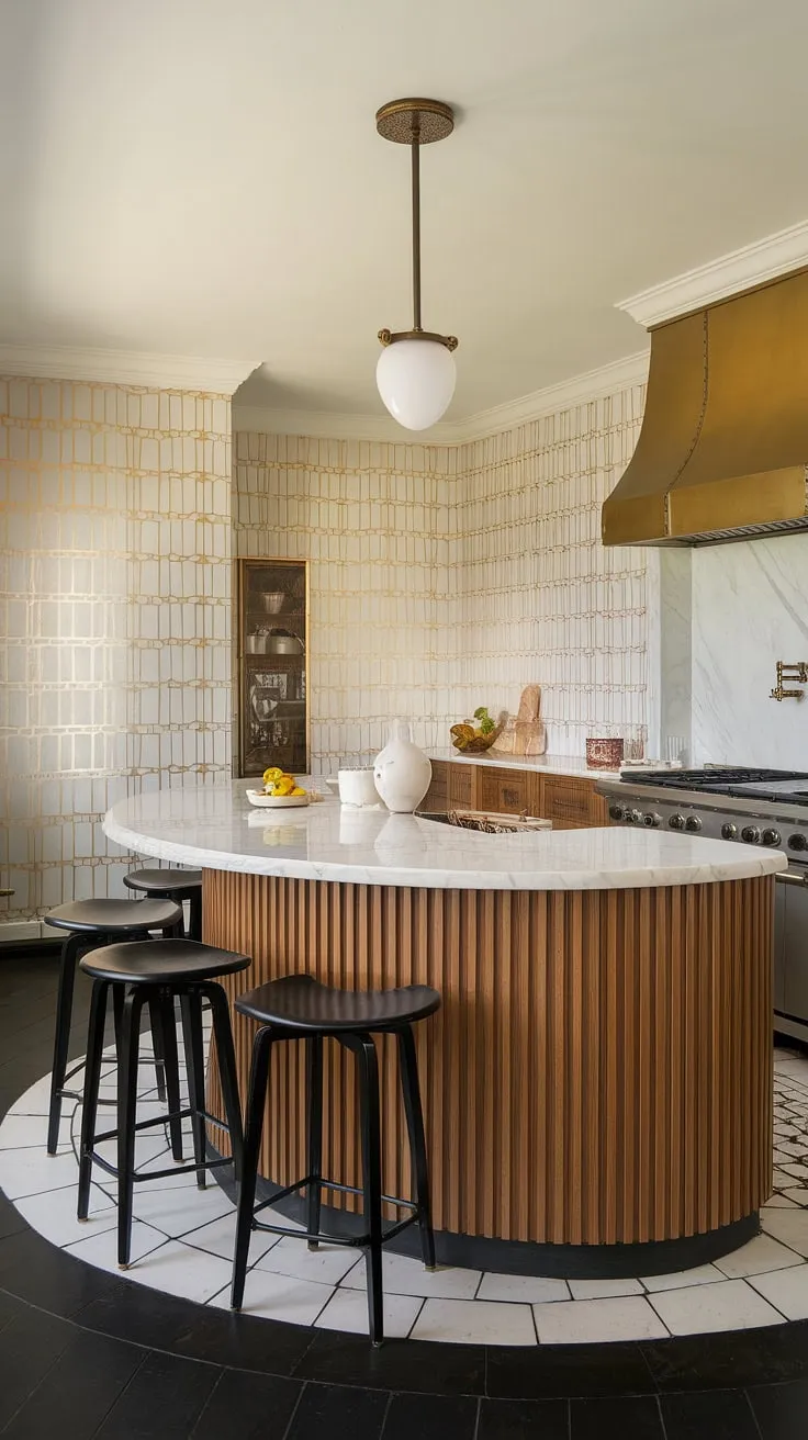 Step into a world of refined elegance where Art Deco glamour meets modern functionality. The curved marble island, bathed in the soft glow of a pendant light, is the heart of this stunning kitchen, a testament to timeless design and sophisticated living. A symphony of gold, white, and black creates a space that is both breathtaking and effortlessly chic.