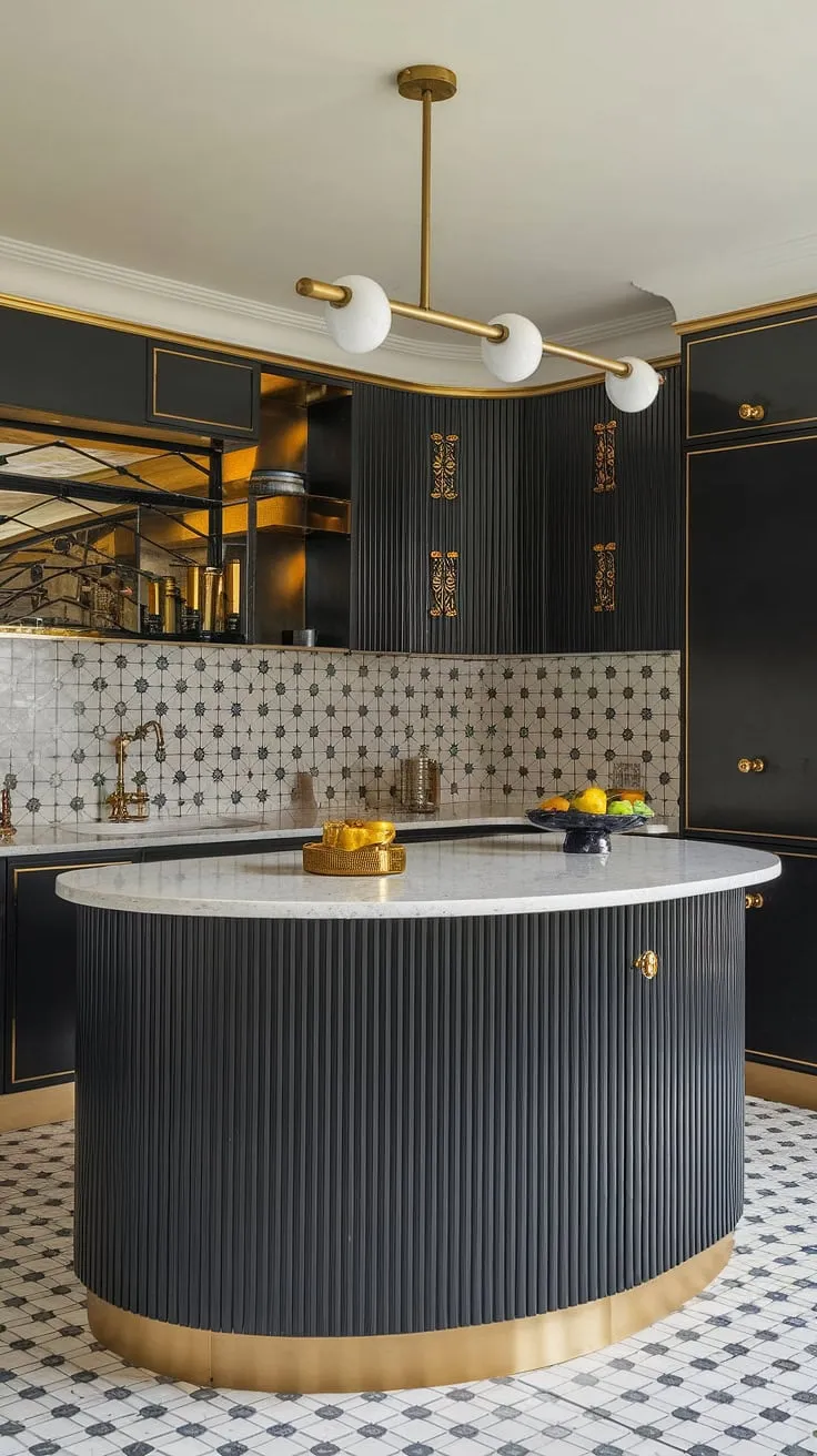 A symphony of black, white, and gold unfolds in this breathtaking Art Deco kitchen. The curved island, a focal point of sophisticated design, is complemented by the intricate tilework and a stunning gold faucet. A true masterpiece of culinary artistry.