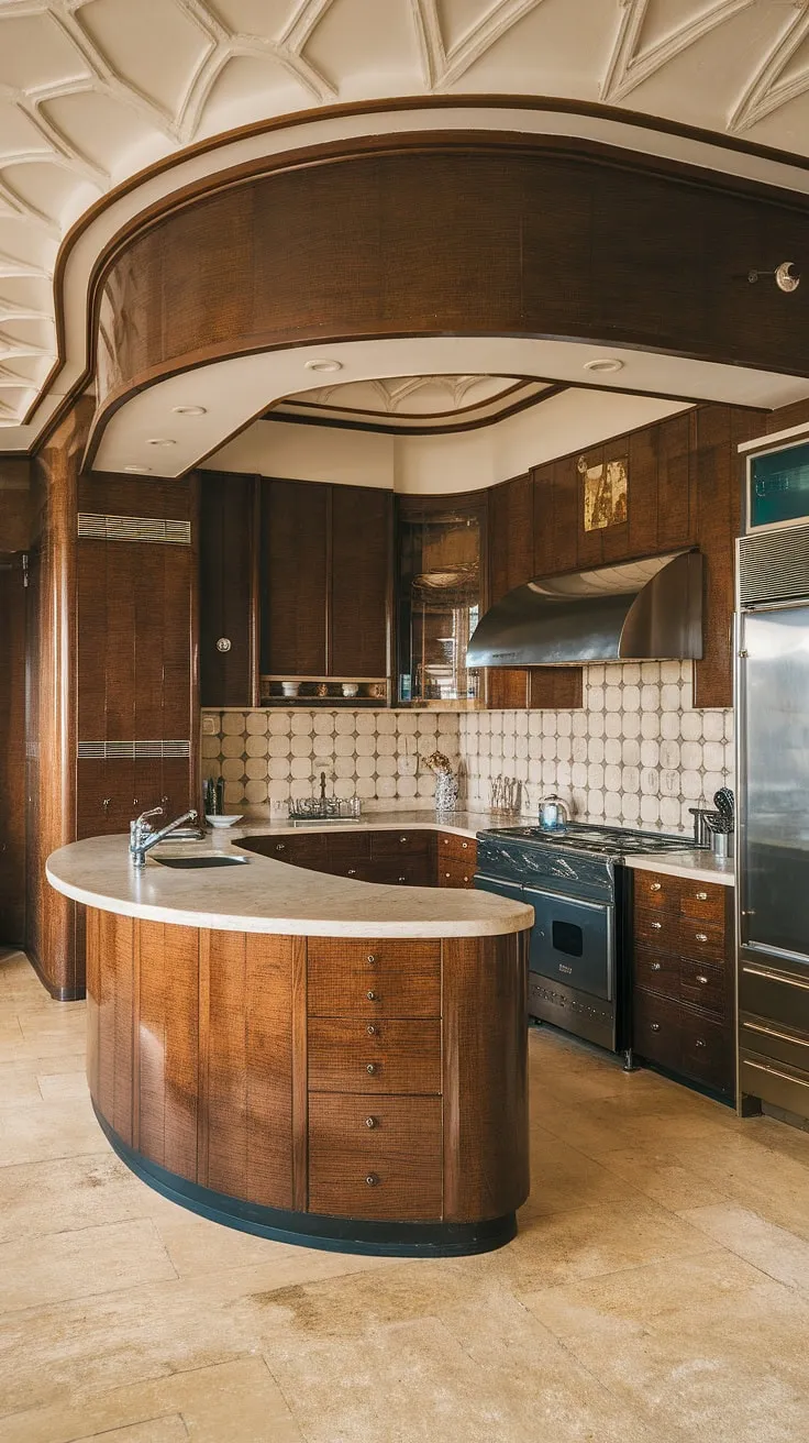 Step back in time to this exquisitely restored Art Deco kitchen, where sleek curves and rich dark wood create a space of timeless elegance. The curved island is a stunning centerpiece, perfectly complementing the period details and modern appliances. A testament to sophisticated design.