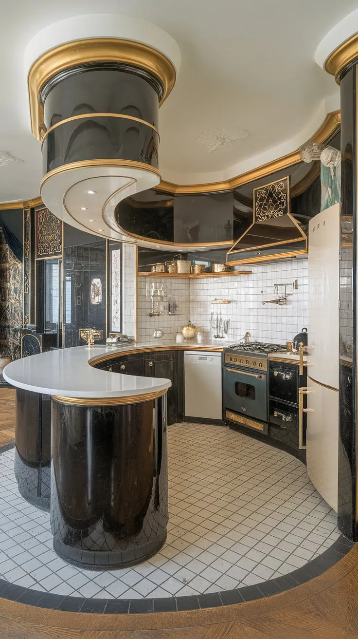 Step into a time capsule of elegance. This Art Deco kitchen, with its curved island, black and white palette, and gold accents, is a testament to timeless design. The geometric flooring and decorative wall patterns complete the luxurious aesthetic. A symphony of style and functionality, it's a space where culinary artistry meets architectural grandeur. A dream kitchen, indeed.