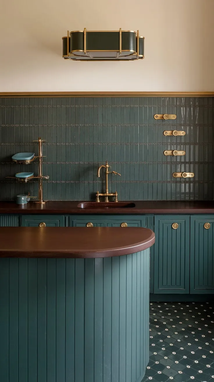 Step back in time to this glamorous Art Deco kitchen, where rich dark greens and shimmering gold accents create a sophisticated atmosphere. The curved island is a stunning centerpiece, perfectly complementing the era's elegant design. A true testament to timeless style.