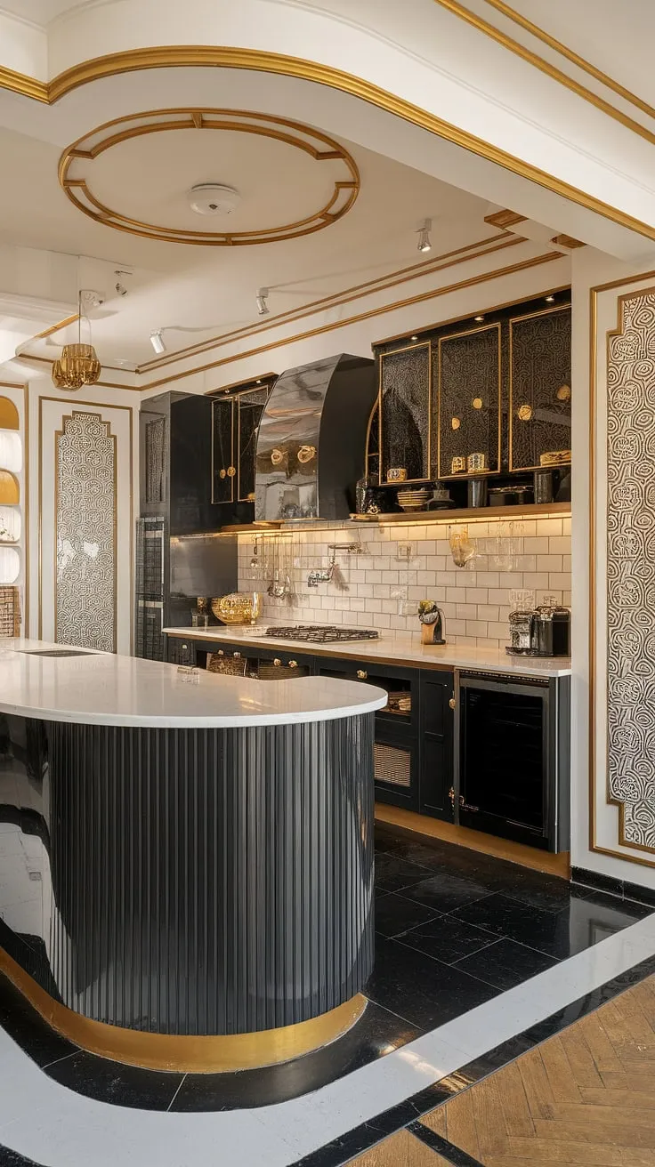 Step into a timeless sanctuary where Art Deco elegance meets modern convenience. The curved island, black and white palette, and gold accents create a kitchen that's both strikingly beautiful and effortlessly functional. A testament to sophisticated design.
