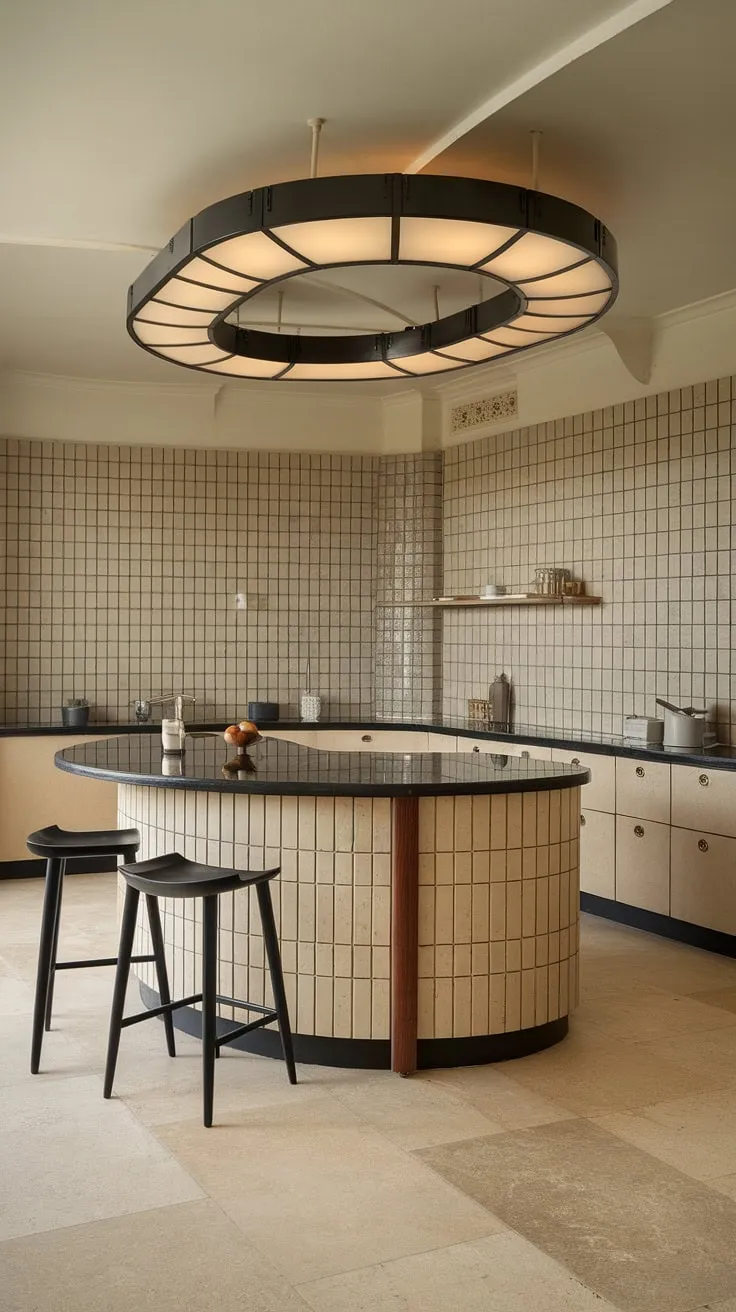 A captivating blend of old-world charm and modern convenience. This Art Deco kitchen, with its curved island and geometric detailing, is a feast for the eyes. The beige and black palette creates a sense of refined luxury, while the carefully chosen fixtures and fittings add a touch of understated glamour. A space where culinary artistry and architectural beauty converge.
