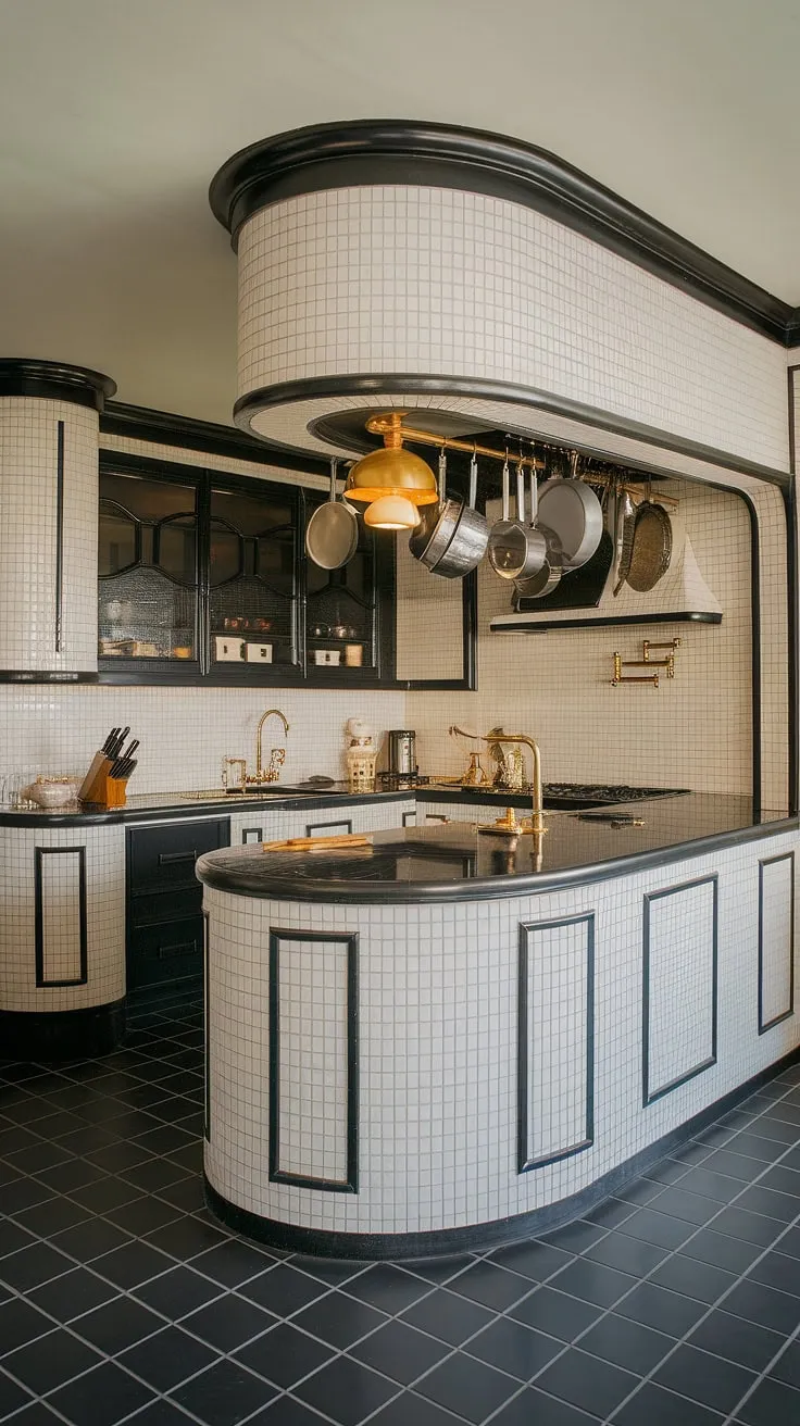 Step into a world of timeless elegance. This Art Deco kitchen, with its curved lines, black and white palette, and gleaming gold accents, is a testament to sophisticated design. The carefully curated details, from the hanging cookware to the glamorous gold faucet, create a space that is both functional and breathtakingly beautiful. A true masterpiece of culinary artistry.