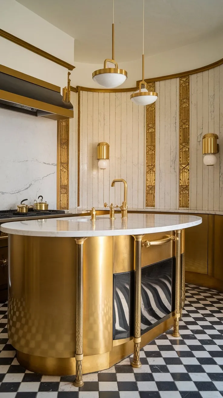 A breathtaking Art Deco kitchen where luxury meets functionality. The curved island, topped with pristine white marble and supported by elegant brass legs, is the centerpiece of this stunning space. A symphony of gold and brass details, complemented by a striking black and white checkered floor, creates an unforgettable culinary haven. A dream kitchen realized.