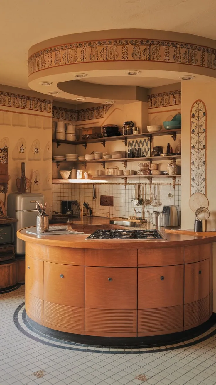 This Art Deco kitchen is a masterpiece of design, showcasing the era's signature curves in the island and the rich warmth of its materials. Every detail, from the patterned walls to the carefully chosen appliances and cookware, speaks to the sophisticated craftsmanship of a style.