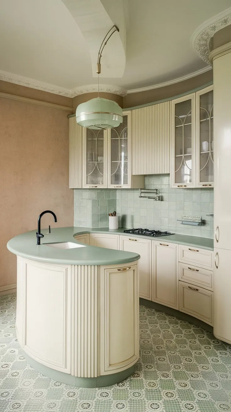 This Art Deco dream kitchen boasts a beautifully curved island, a light and airy color palette, and exquisite detailing. A testament to timeless design, it effortlessly combines classic style with contemporary functionality.