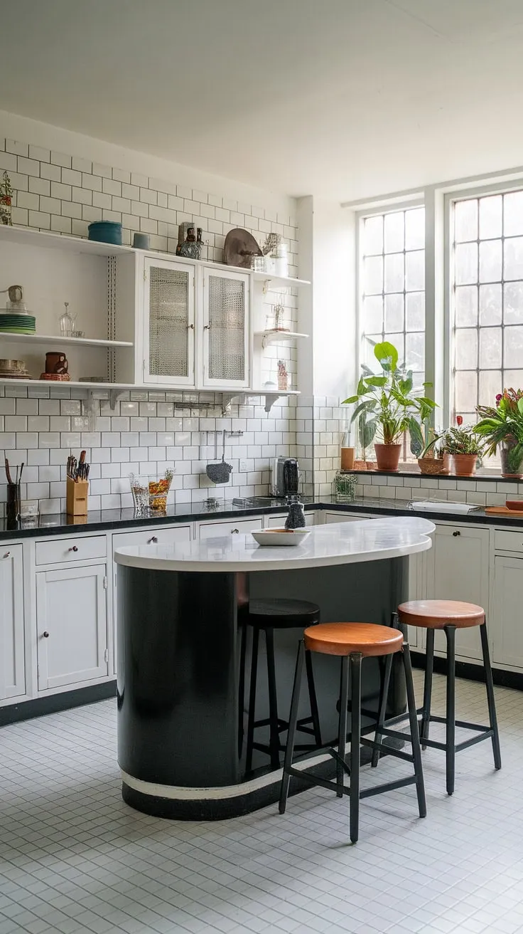 Step back in time and into this stunning Art Deco kitchen. The sleek black and white palette, curved island, and geometric tilework create a space that's both elegant and effortlessly cool. A perfect blend of vintage charm and modern functionality.