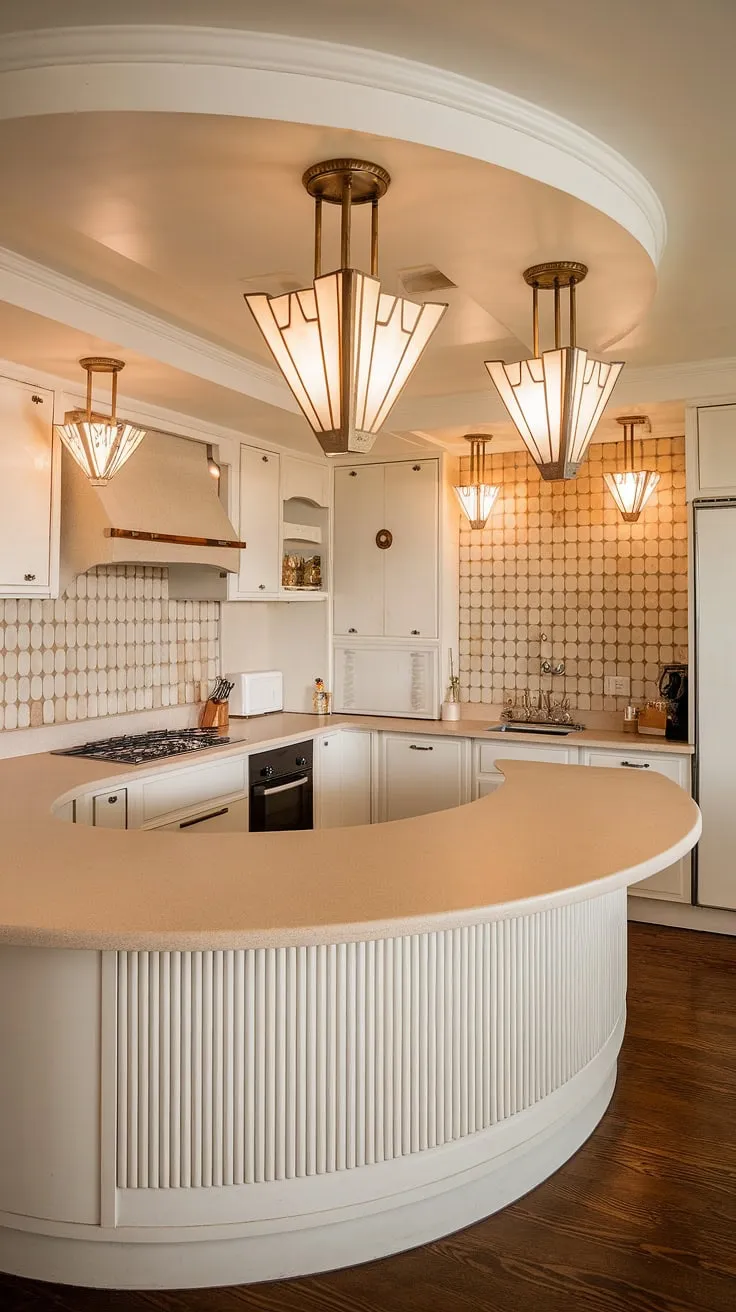 Step back in time to this glamorous Art Deco kitchen, where sleek curves and geometric details create a space of unparalleled elegance. The light color palette, complemented by the rich dark wood floors and patterned backsplash, is a testament to refined taste. A true masterpiece of design.