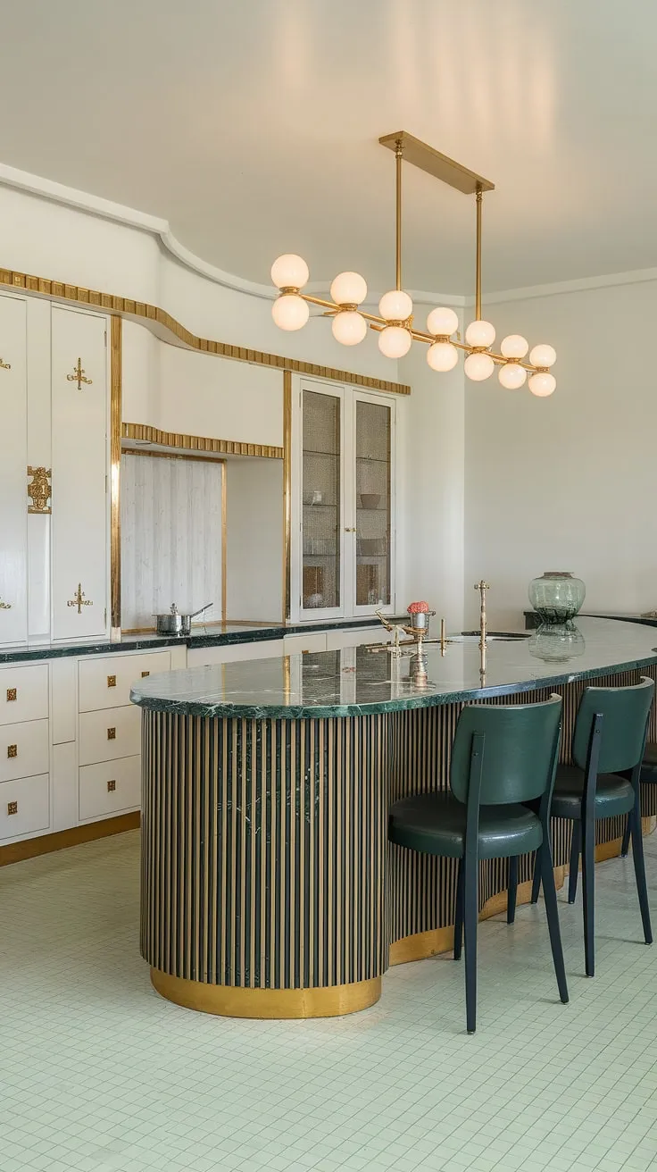 A captivating blend of old-world glamour and modern functionality. This Art Deco kitchen boasts a stunning curved island, its dark green marble surface gleaming under a dazzling gold light fixture. The white cabinetry with gold detailing and the cheerful checkered floor complete the picture, creating A truly unforgettable culinary haven.