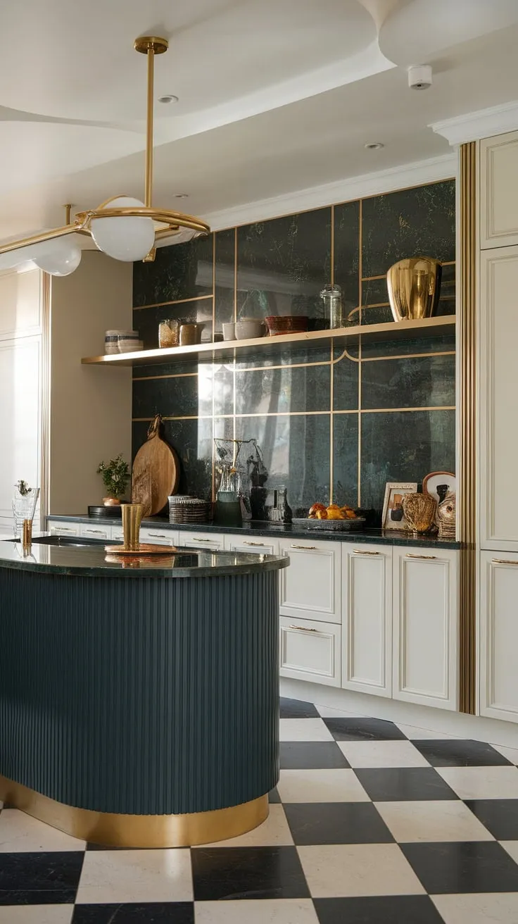 This Art Deco inspired kitchen is a dream. The rich green backsplash, gleaming gold fixtures, and the graceful curve of the island create a luxurious atmosphere. A truly captivating space where culinary artistry and design seamlessly blend.