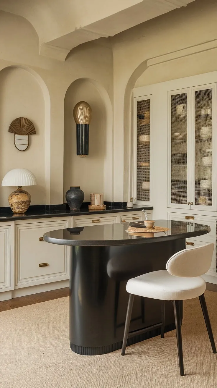 Step back in time and imagine crafting culinary masterpieces in this Art Deco dream kitchen. The sleek black countertop and curved island, complemented by the pristine white cabinetry, create a space that's both elegant and functional. A perfect blend of vintage charm and modern convenience.