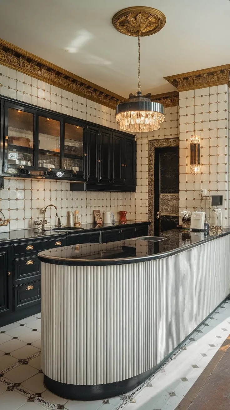Step back in time to this glamorous Art Deco kitchen, where sleek black cabinetry contrasts beautifully with the curved white island, a stunning centerpiece under a dazzling chandelier. The gold accents and patterned tiles add a touch of vintage luxury, creating a space that's both timeless and utterly captivating. A truly breathtaking design.