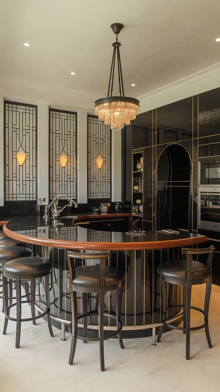 Step back in time to this glamorous Art Deco kitchen, where sleek lines and a curved island crafted from polished wood create a space of sophisticated elegance. The black and white palette, accented by geometric detailing, is the perfect backdrop for effortless entertaining. A stunning chandelier adds the final touch of luxurious ambiance.