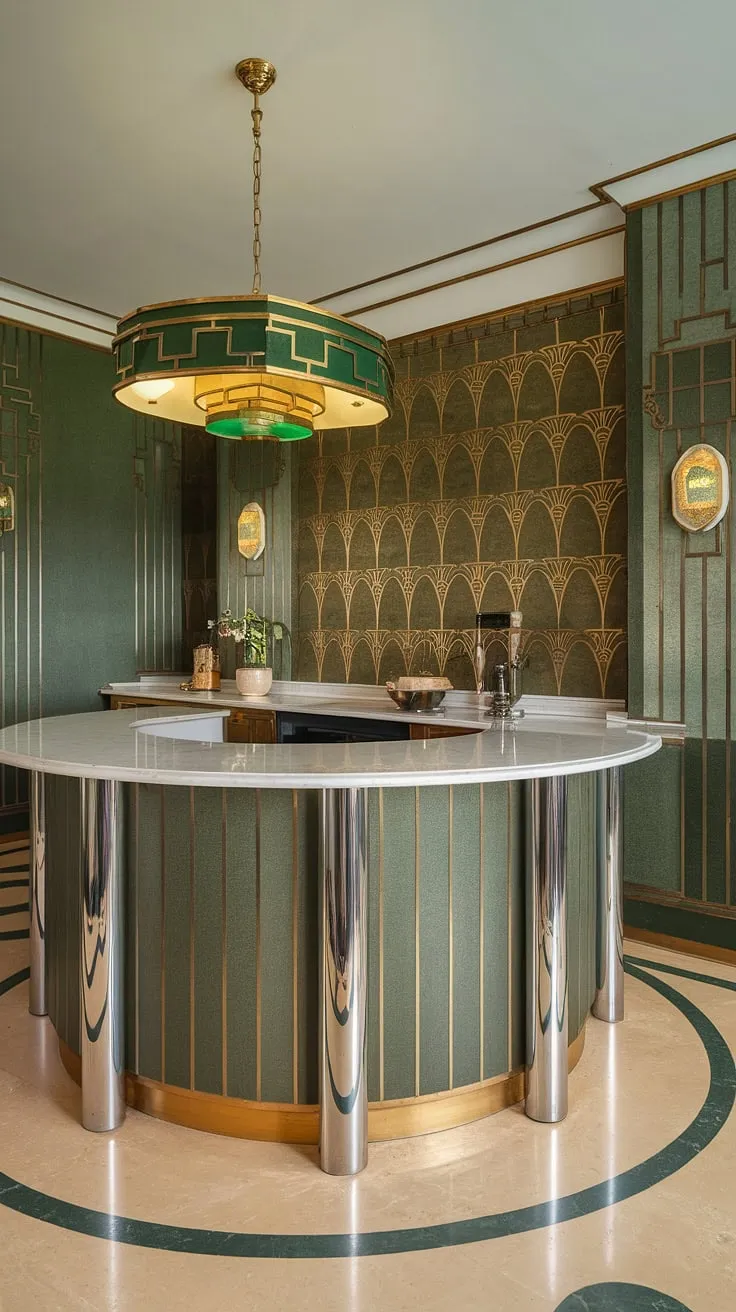 Step back in time to this glamorous Art Deco kitchen, where a curved marble island reigns supreme, its chrome legs gleaming under a dazzling green and gold pendant light. The geometric patterns on the walls and floor complete this luxurious, effortlessly stylish space. A testament to timeless design.