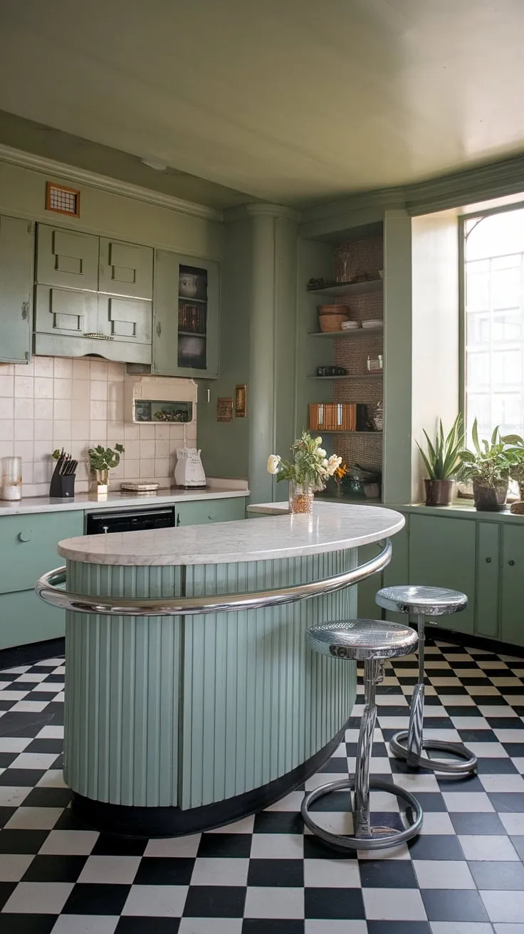 This Art Deco dream kitchen is a symphony of curves and chrome. The stunning marble island, complete with its iconic ring detail, is the undeniable focal point, inviting you to linger over a morning coffee or prepare a culinary masterpiece. The rich green cabinetry and checkered floor add a touch of vintage charm, creating a space that's both stylish and functional. A perfect blend of old-world glamour and modern convenience.