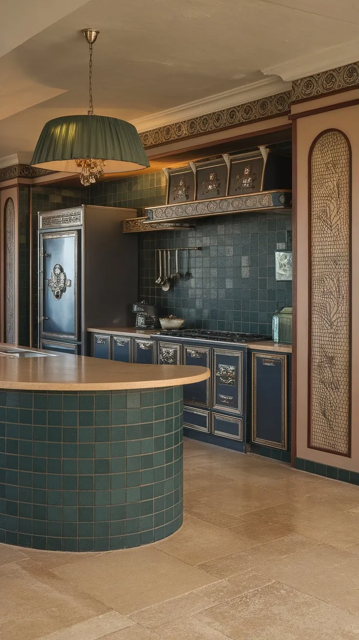 Step back in time to this exquisitely restored Art Deco kitchen. The curved island, geometric backsplash, and vintage appliances create a space that's both stunning and functional. A testament to the enduring elegance of a bygone era.