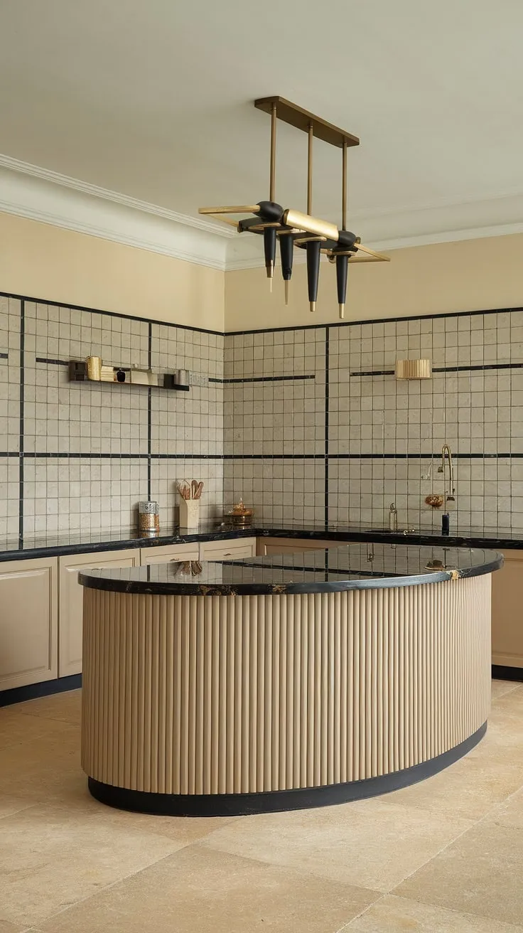 The gentle curve of the black marble island in this Art Deco kitchen is a captivating focal point. Beige tones and geometric detailing throughout the space create a harmonious blend of warmth and modernity. A perfect fusion of classic elegance and contemporary functionality, this kitchen is a dream come true.