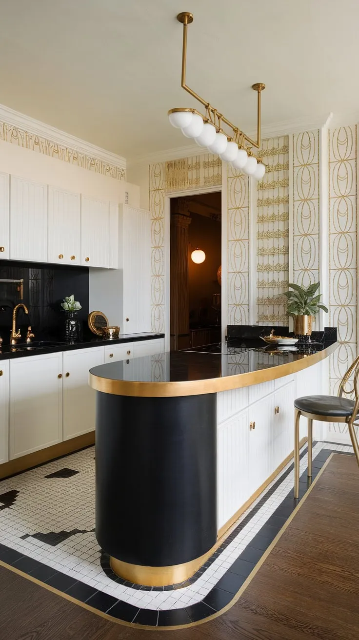 A symphony of black, white, and gold. This Art Deco kitchen's curved island is the centerpiece of a design that effortlessly marries vintage glamour with contemporary living. The carefully curated details, from the gold faucet to the patterned walls, create a space that is both stunning and functional. A true masterpiece of kitchen design.