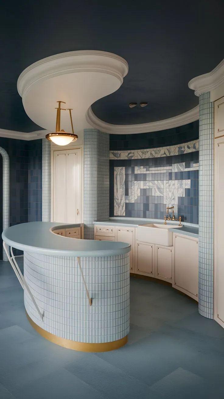 Step into a haven of Art Deco elegance. The curved island, shimmering gold accents, and cool blue palette create a kitchen that's both sophisticated and surprisingly inviting. A symphony of textures and colors, this space is a testament to timeless design.