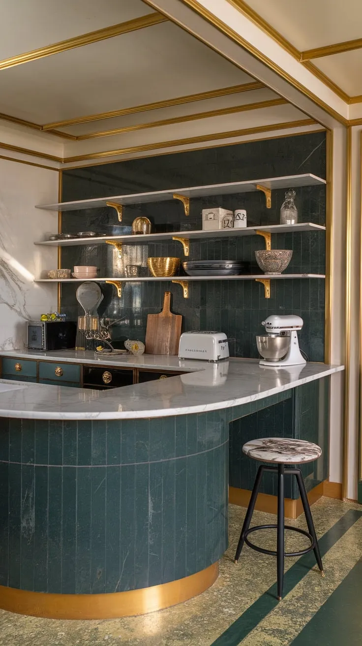 This Art Deco dream kitchen is a masterpiece of design. The curved island, gleaming marble countertops, and deep green accents create a space that's both elegant and incredibly inviting. Every detail, from the gold highlights to the patterned floor, speaks to a bygone era of refined luxury. A true showstopper.