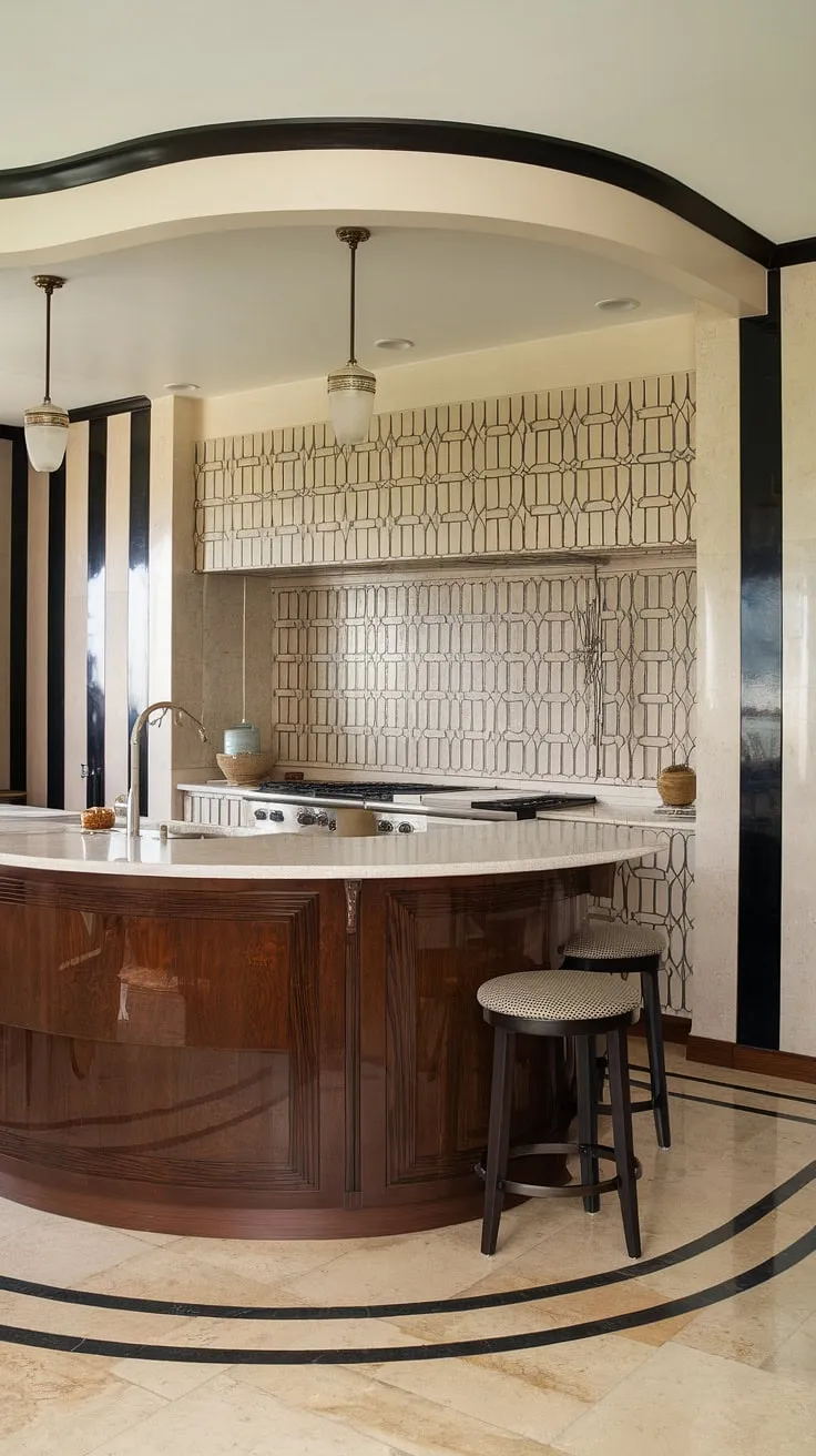 Step back in time and into this exquisitely restored Art Deco kitchen. The curved island, geometric backsplash, and rich wood tones create a space that's both stunning and functional. A testament to timeless design, this kitchen effortlessly blends elegance with modern convenience. A true masterpiece.