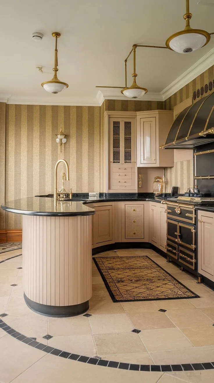 A symphony of curves and gleaming gold defines this Art Deco dream kitchen. The black and beige color palette is punctuated by luxurious gold details, from the pendant lights to the faucet, creating a space that is both functional and breathtakingly beautiful. A perfect blend of vintage charm and modern luxury.