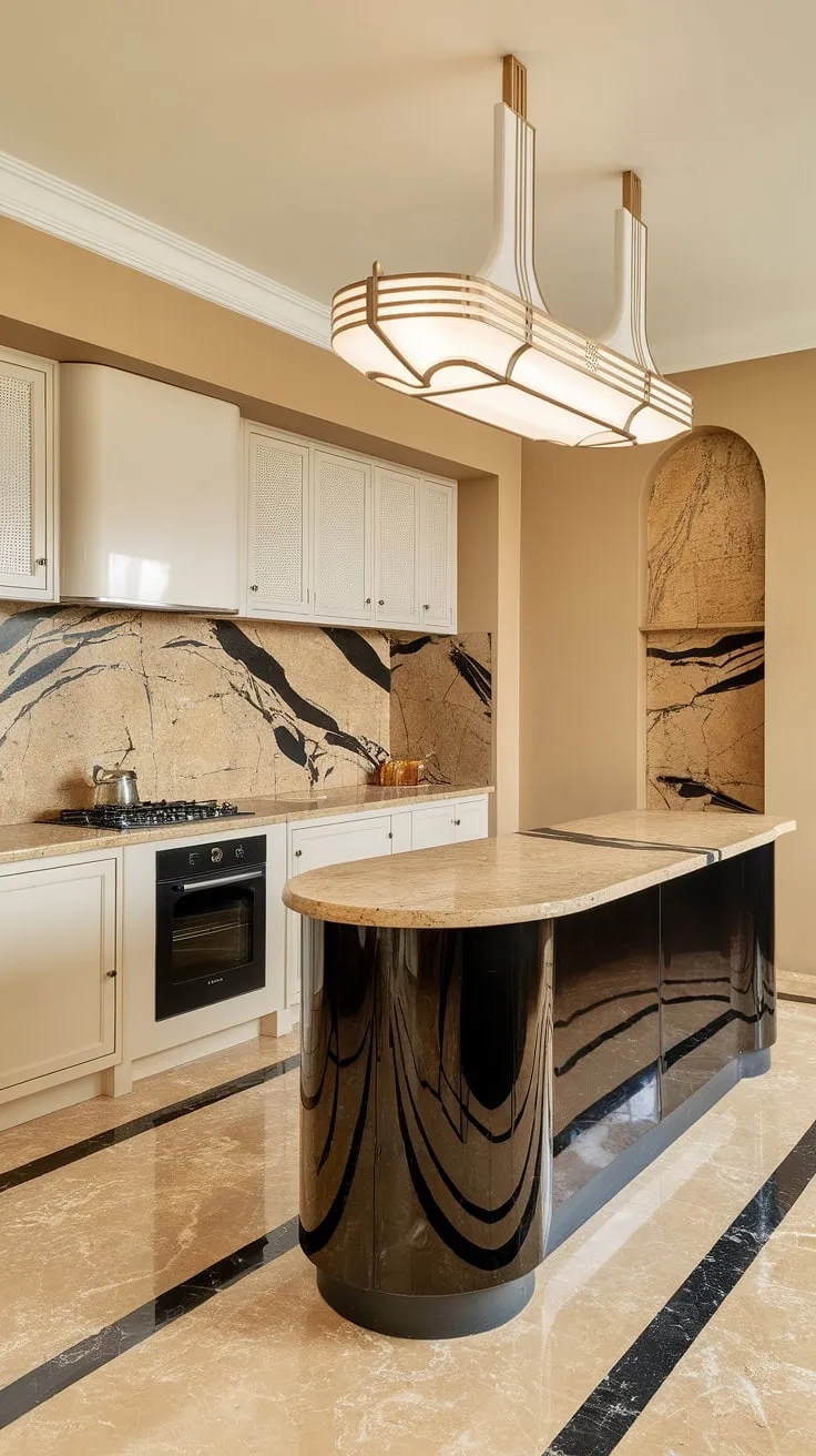 A captivating blend of old-world glamour and modern convenience. This Art Deco inspired kitchen showcases the beauty of curved lines and luxurious materials. The beige and black marble countertops and backsplash, complemented by the sleek black island, create a sophisticated atmosphere. A perfect example of how classic design can be effortlessly incorporated into contemporary living, this kitchen is a true masterpiece. A space where culinary dreams are brought to life.