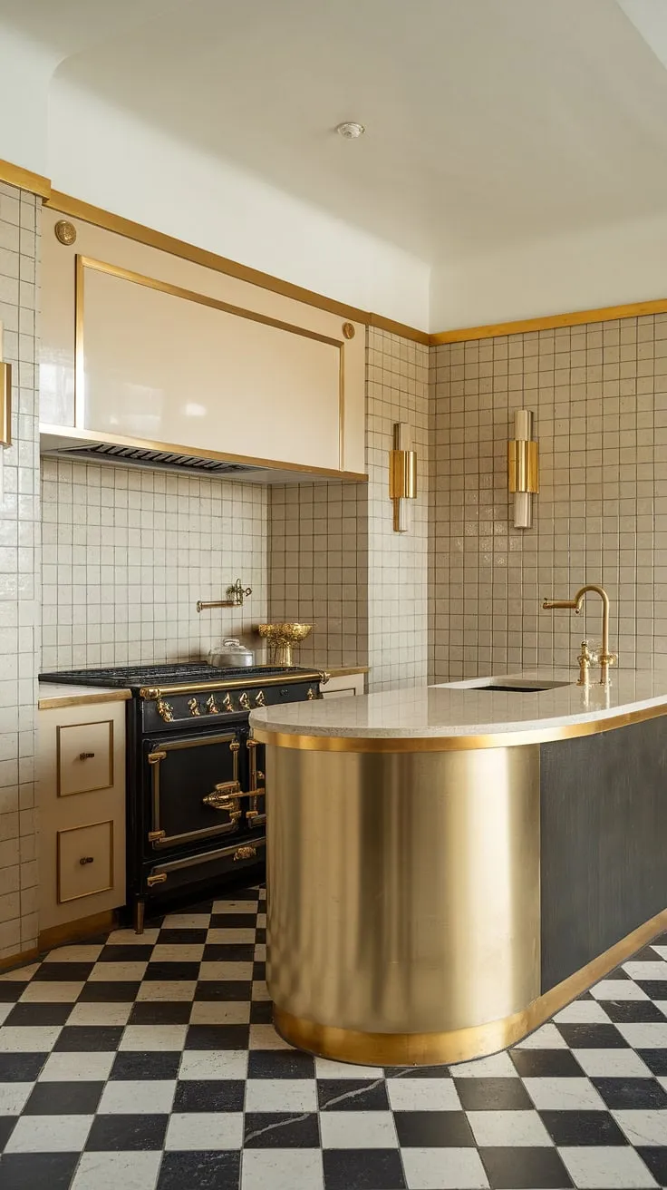 This Art Deco kitchen is a masterpiece of sophisticated style. The beige and black palette is punctuated by luxurious gold detailing, from the faucet to the island's base, creating a space that is both visually arresting and incredibly inviting. A true showstopper.