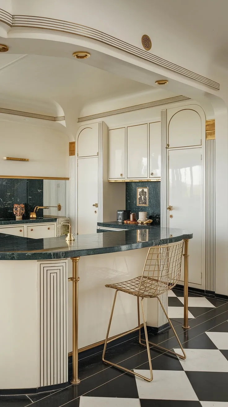 This Art Deco dream kitchen is a study in geometric perfection. The sleek lines, rich dark green marble, and gleaming gold accents create a sophisticated space that's both luxurious and inviting. The curved island is the undeniable star, a place to gather and create culinary masterpieces.