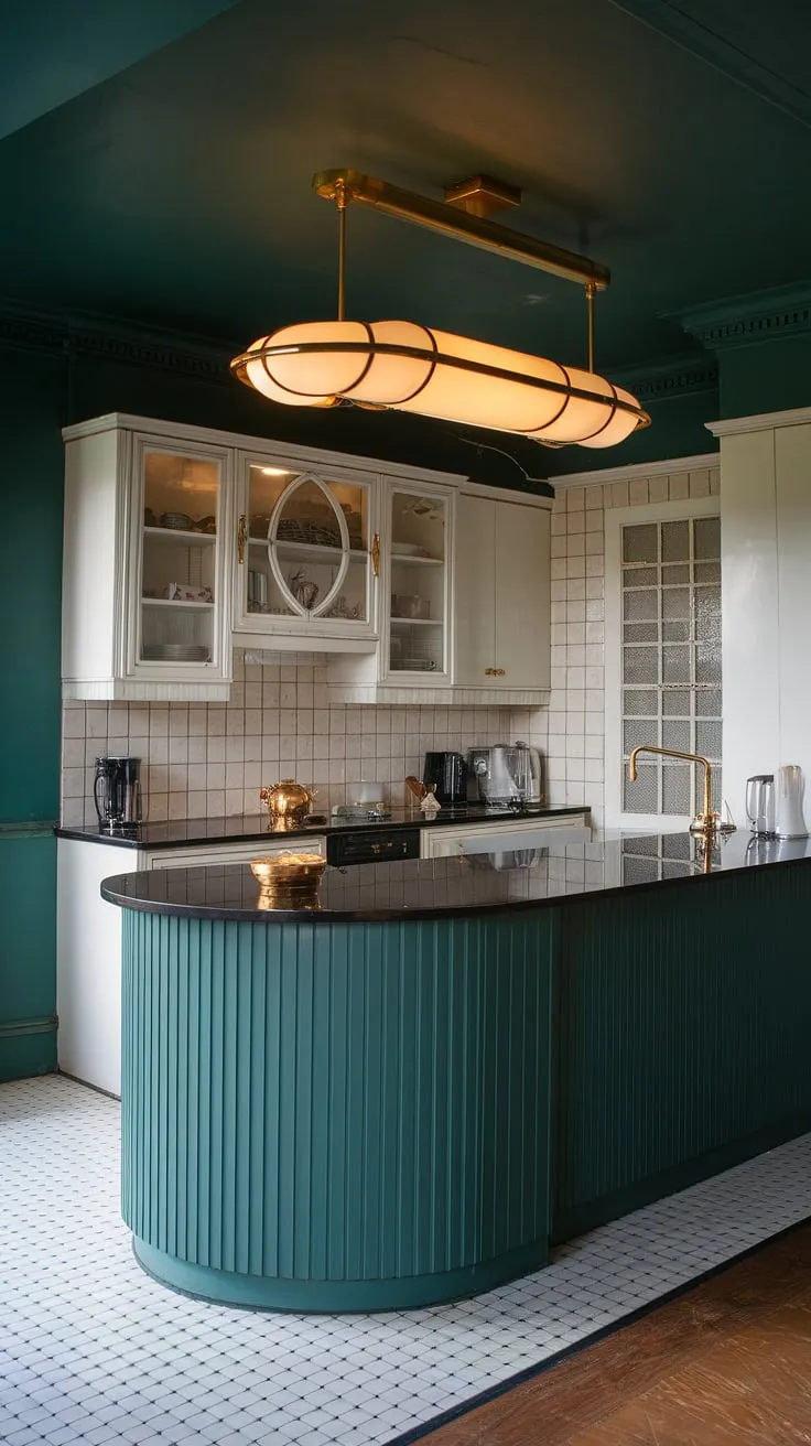 A symphony of style: This Art Deco kitchen effortlessly blends modern functionality with vintage charm. The curved island, a statement piece, anchors the space, while the white cabinets and dark green walls create a sophisticated contrast. A perfect example of how classic design never goes out of style.