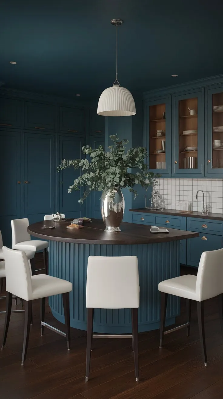 Step into a world of sophisticated elegance. This Art Deco kitchen, with its deep blue hues and curved island, is a testament to timeless design. The dark wood and gleaming silver accents create a luxurious atmosphere, perfect for both intimate gatherings and stylish entertaining. A symphony of textures and colors, it's a space where culinary artistry meets architectural grace. A truly captivating heart of the home.