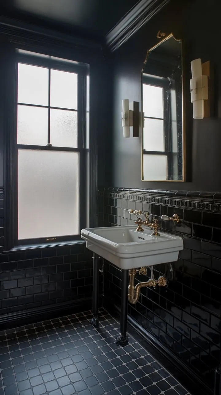 This Art Deco powder room, draped in shadows and gold, exudes an enchanting blend of old Hollywood glamour and sophisticated mystery.
