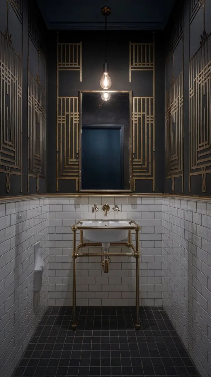 This Art Deco powder room, illuminated by a solitary bulb, exudes refined luxury with its shimmering gold accents and timeless black-and-white tiles, creating an enchanting retreat.