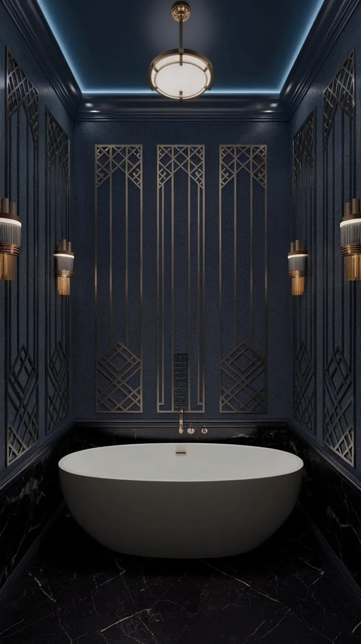 In a captivating twilight glow, this Art Deco sanctuary invites you to indulge in a luxurious escape defined by deep blue walls, shimmering gold accents, and a stunning black and white marble floor.
