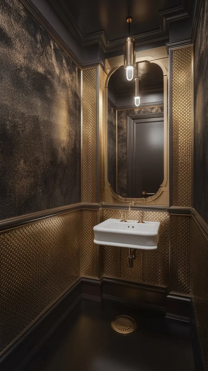 Step into a luxurious Art Deco powder room where rich textures and golden accents converge to create a moody sanctuary of timeless elegance.