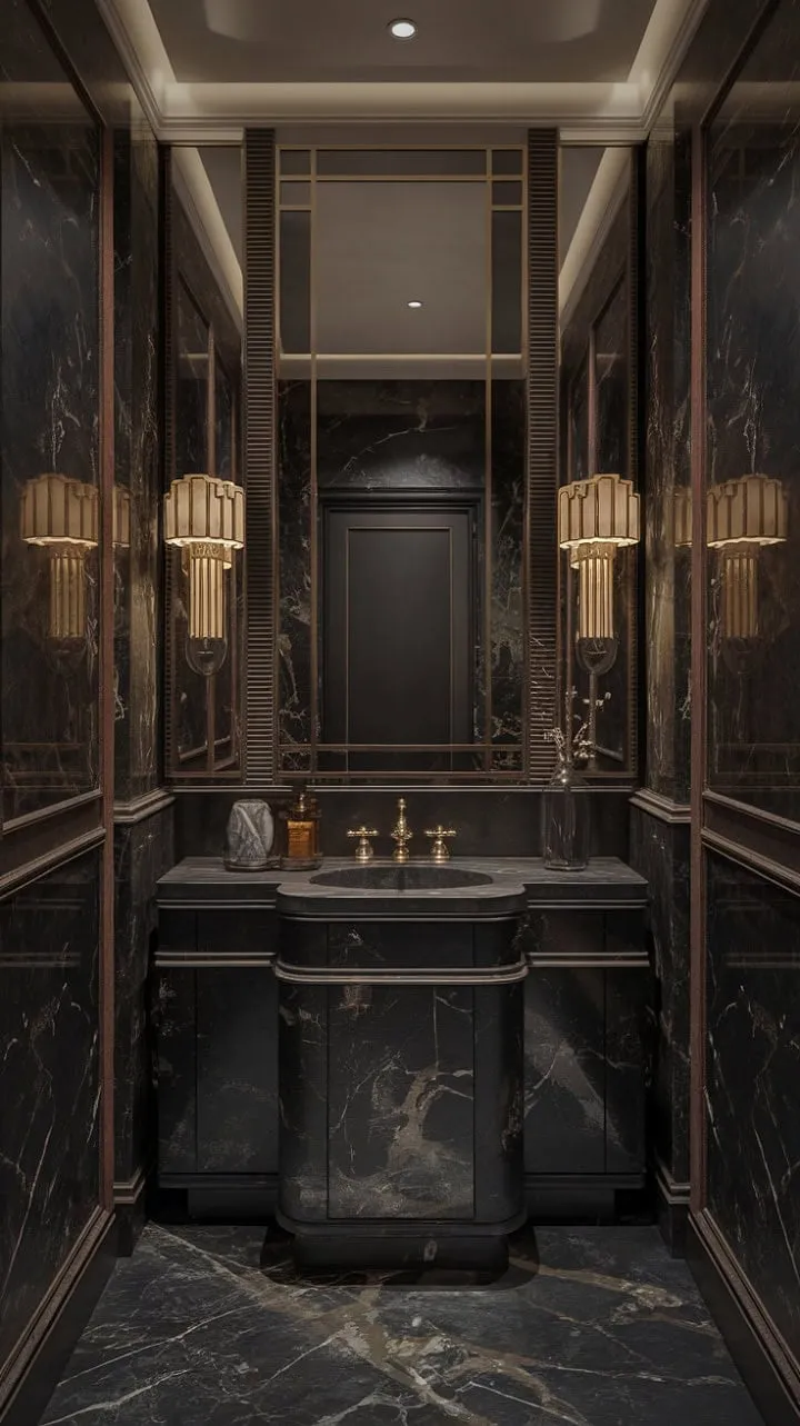 This Art Deco-inspired powder room exudes refined mystery with its rich marble, gold accents, and soft lighting, crafting a haven of understated glamour.
