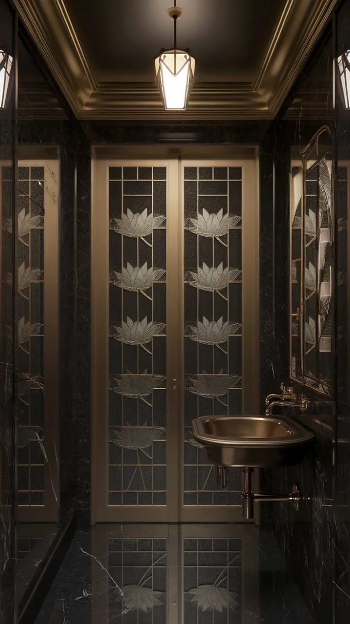 Step into a luxurious Art Deco powder room where deep marble and golden accents envelop you in an alluring, mysterious sanctuary.