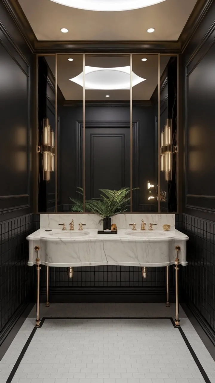 Step into a luxurious Art Deco powder room where striking black walls, radiant gold fixtures, and a pristine white marble vanity harmonize with a hint of greenery for an exquisite retreat.