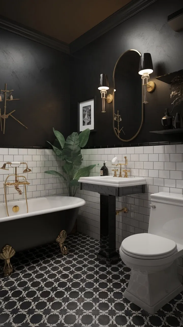 This Art Deco bathroom, adorned with geometric tiles and luxurious fixtures, exudes timeless elegance and captivating allure in a dance of shadows and shimmering gold.
