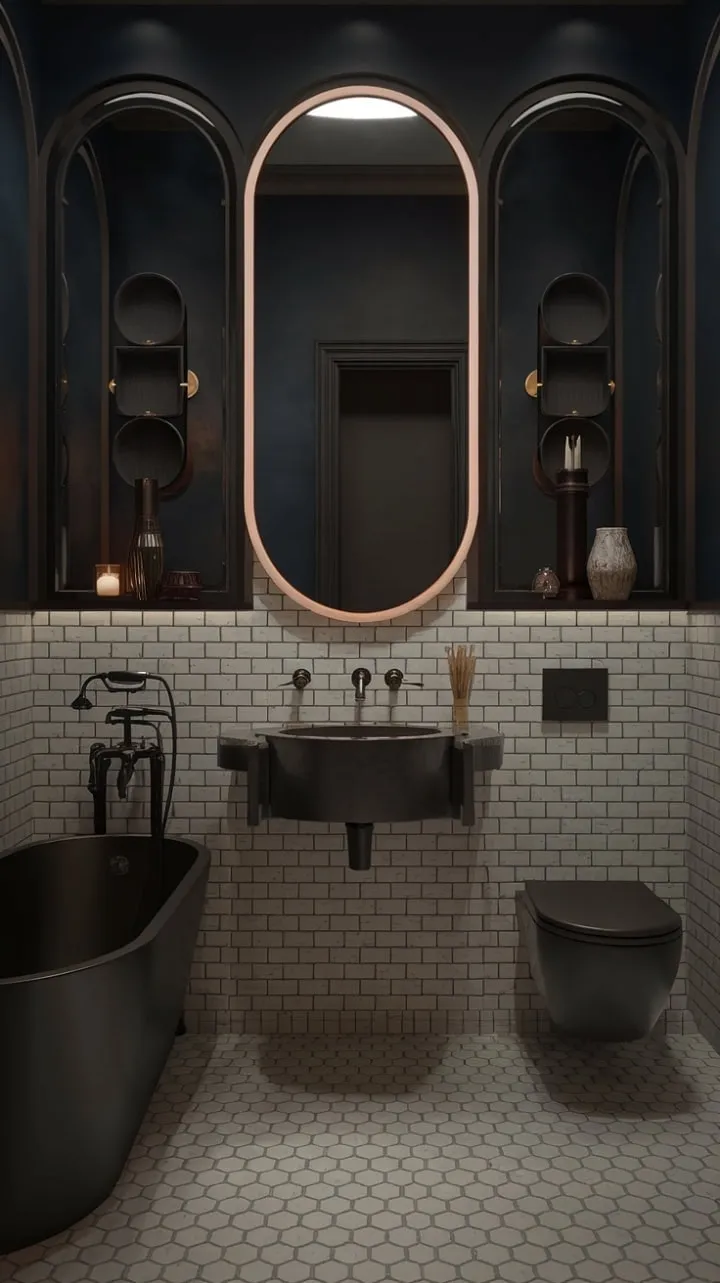 This Art Deco sanctuary exudes refined luxury with its moody ambiance, geometric elegance, and meticulous details that create an unforgettable atmosphere of old-world glamour.