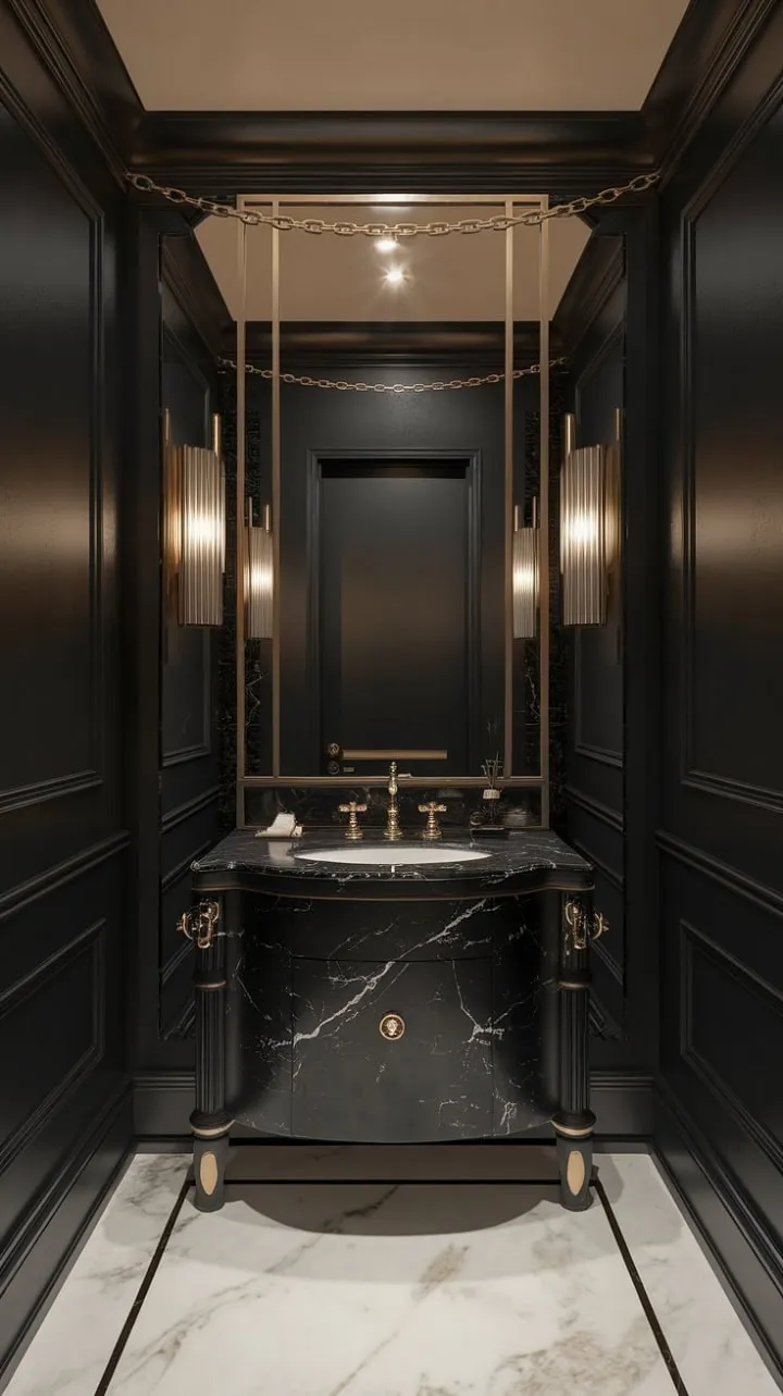 This powder room exudes Art Deco elegance with its stunning black and white marble vanity, golden accents, and luxurious textures, all bathed in a soft, enchanting light.