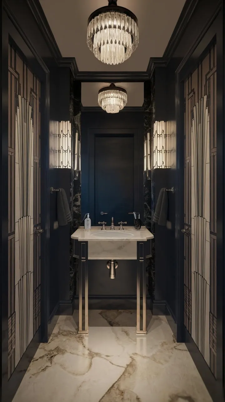 Step into a luxurious Art Deco powder room where dark elegance meets geometric glamour on a shimmering marble stage.